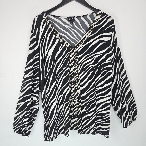INC BLack White Zebra Striped Studded V Neck Long Sleeve Lightweight Top - Picture 1 of 6